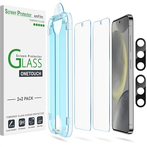 amFilm Lot de 2 + 2 Films de Protection en Verre Trempé OneTouch pour Samsung Galaxy S24 5G, Dureté 9H avec Protection d'objectif d'appareil Photo, Installation Facile et Sans Bulles