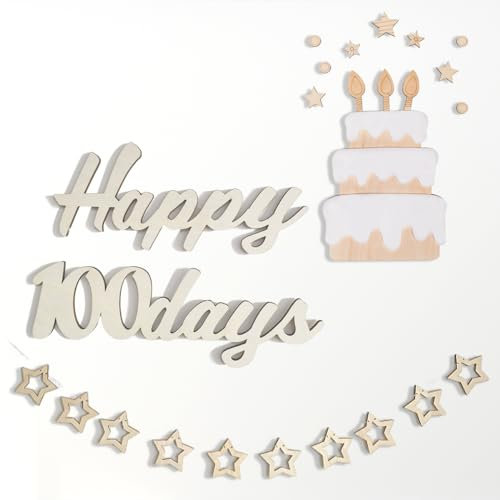 Happy Birthday Wood Sign,Happy Birthday Wooden Banner Star Birthday Cake Happy Birthday Wooden Cutout Letters Plaque Hanging Signs for Baby Birthday 100 Days Party Decoration (Happy 100Days)