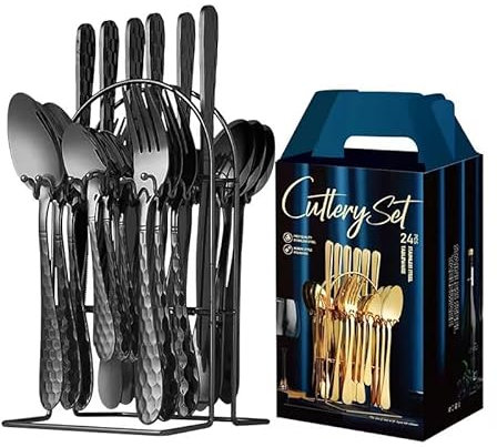 Stainless Steel Cutlery Set - 24 Pcs Hammer Pattern Ceramic Handle Knife Fork Spoon Set, Ideal for Travel or Daily Use (D-Black)