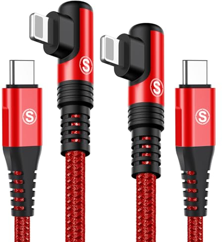 SWECENT Cable i Phone USB C 90 Grados [1M,2Pack], Cable USB Tipo C a Ligtning [MFi Certificado] Carga Rapida PD Nylon Trenzado Compatible Con i Phone 14/13/12 Pro Max/Mini 11/X/8/7,iPad Pro-Rojo