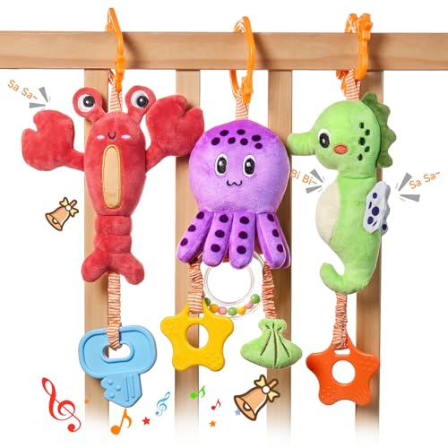 TUMAMA KIDS Baby Hängend Kinderwagen Autositz-Spielzeug,Weiche Marine Tier Plüsch Kleinkind Rasseln mit Windspiel,Crinkle Sensory Lernen Spielzeug Geschenk für Neugeborene ab 0 Monaten