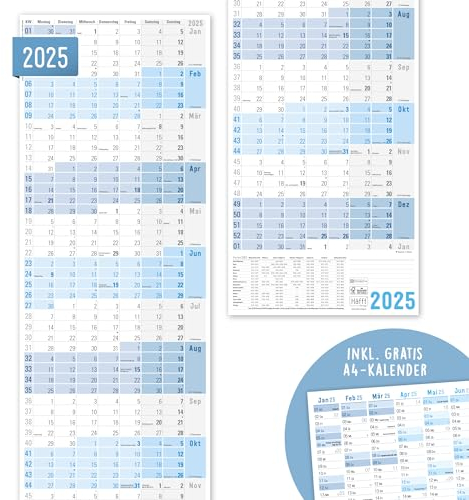 Häfft® Großer Wandkalender 2025 schmal/hochkant (31 x 97 cm) gefalzt, Jahreskalender im Hochformat, Wandplaner Bürokalender mit Ferienübersicht + extra A4 Kalender - nachhaltig & klimafreundlich