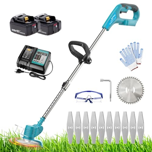 Akku-Rasentrimmer, Ersatz für Makita 18V DUR181Z, kompatibel mit Makita BL1830B Akku, mit 2x5500mAh Akku und Ladegerät,Verstellbarer Teleskop-Führungsholm, zum Gärten, Wiesen und Gutshaus