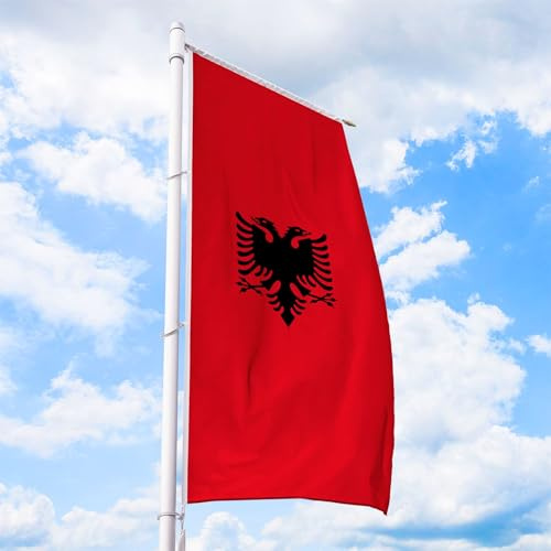 Albanien Flagge 150 x 400 cm - für Fahnenmast, Albanienfahne aus reißfestem Fahnen-Polyester-Stoff, Hissfahne Hochformat für Querausleger wetterfest und UV-beständig