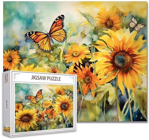 Tucocoo Sunflower Landscape Jigsaw Puzzles for Adults 1000 Pieces, Butterfly Flowers Jigsaw Puzzle Art 27 x 20 Inches Colorful DIY Puzzles for Home Decoration, Family Puzzle Perfect for Game Nights