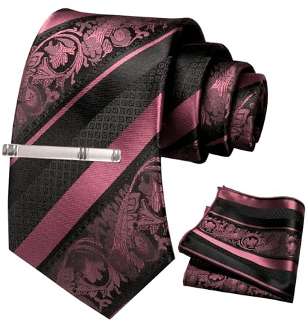 JEMYGINS Herren Krawatten Set mit gemischtem Rosen und Streifenmuster inklusive Krawattenklammer und Taschentuch
