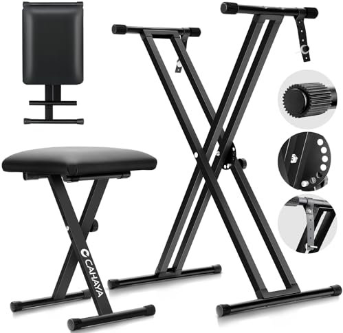 CAHAYA Komplettlösung Keyboardständer und Keyboard Bench - 6 Stufen Höhenverstellbar Doppel X-Frame Keyboard ständer für 61, 76 und 88 Tasten Keyboard- Tragfähigkeit 168 kg Keyboardbank, Schwarz