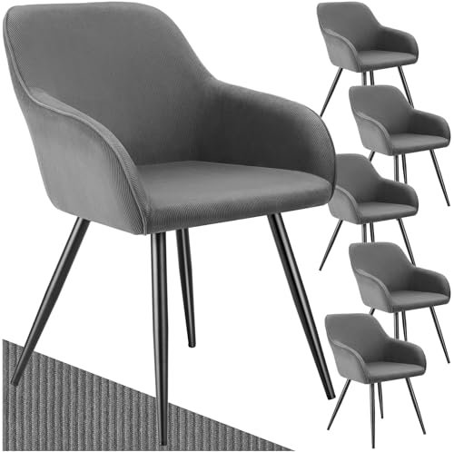 tectake® 6X Esszimmerstuhl, Sessel bequem mit Armlehne, Polsterstuhl, Cord Cocktailsessel, Loungesessel für Wohnzimmer, Esszimmer, Moderne Küchenstühle, Bürostuhl - grau/schwarz