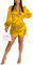 Damen Sexy Button-Down-Shirt, lockerer Kragen, lange Ärmel, gerüscht, Seidentuch, Nacht-Out-Club, Mini-Wickelkleid mit Kordelzug, gelb, Klein
