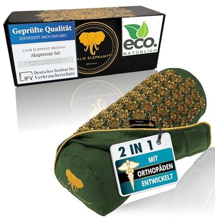 CALM ELEPHANT ORIGINAL® 2in1 Akupressur Kissen mit Wärmefunktion, Nackenrolle Nackenkissen, Kniekissen, Lagerungsrolle, Fußstütze Schreibtisch, Ideale Ergänzung zur Akupressurmatte mit Kissen, grün