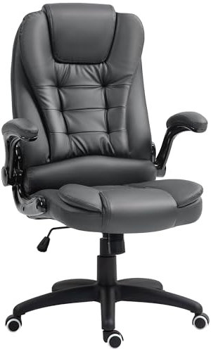 HOMCOM Bürostuhl, Ergonomischer Schreibtischstuhl mit hochklappbarer Armlehne, Höhenverstellbarer Drehstuhl mit Wippfunktion, Kunstleder, Gepolstert Computerstuhl, Chefsessel, Dunkelgrau