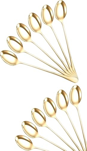 DIOXSTAR Stainless-Steel Long Handle Latte Spoons, Coffee Spoons for Tea, Sundae, Ice Cream, Dessert Ideal for Home, Kitchen, Restaurant, 19 CM, (Golden Spoon Pack of 12)