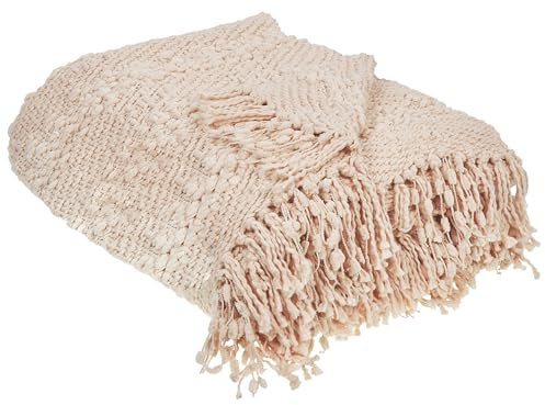 Decke Baumwolle gestrickt rosa mit Quasten 200 x 220 cm Kuscheldecke Vella