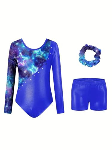 Gogokids Gymnastikanzug mit Strass für Mädchen, langärmelig, Kinder-Tanzanzug mit Shorts, B-Blau, 9-10 Jahre