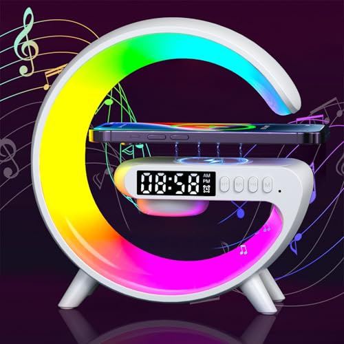 Wireless Speaker Charger Light,LED Bedside Lamp 4-in-1 Alarm Clock,Mood Light,Speaker & Wireless Charger,G-Shaped Atmosphere Lamp Rgb Colour Changing Lamp for Home Decor,Bedroom,Office,Gifts (White)