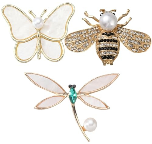 GORGECRAFT 1 Box 3 Stück Insektenbrosche Anstecknadel Goldmetalllegierung Strass Perle Vintage Tier Insekten Schmetterling Biene Libelle Motte Reversbroschen Anstecknadeln Für Kleidung Hut Kleid Tasch