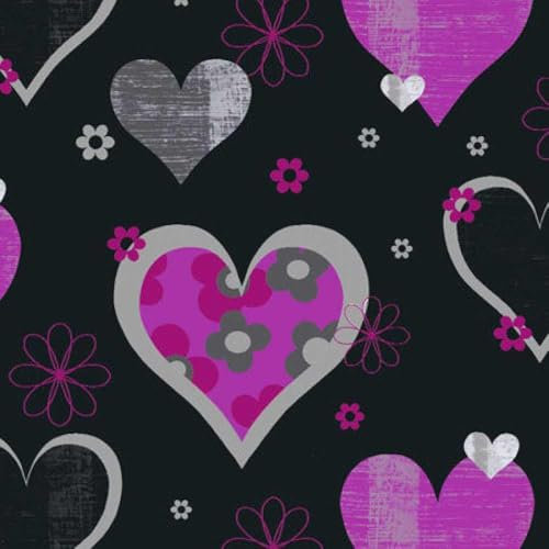 Happy Hearts Black Pink Wallpaper - Stylish Trendy Flowers Contemporary - Girls Bedroom Feature Wall Heavyweight Paper