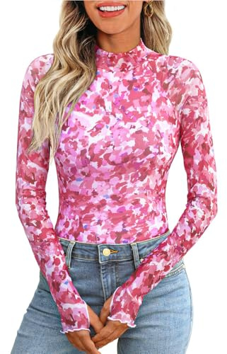Kuukaas Long Sleeve Floral Mesh Tops Mockneck Going Out Tops for Women Fashion Spring Summer Outfits
