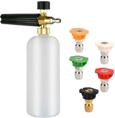 CENBEN 1L Snow Foam Lance Bottle with 5 Pressure Washer Spray Nozzle,1/4 Quick Release Pressure Washer Foam Cannon for Car Washing, Yard Cleaning, 1L Jet Bottle Car Wash Adjustable Sprayer