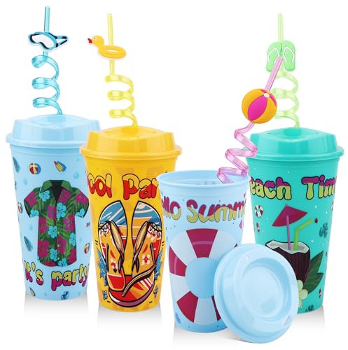 4Pcs Beach Party Drinking Cups with Reusable Tropical Fancy Straws, 16Oz Plastic Cold Cups with Lid and Straw Tumblers Set for Hawaiian Luau Party Pool Summer Birthday Party Favor Pool Gatherings