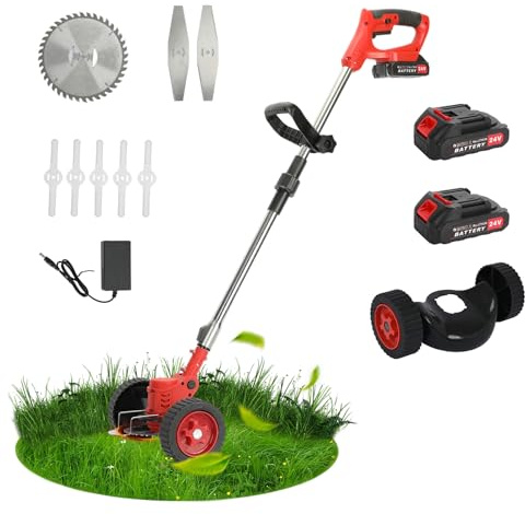 joukares Brushless Electric Weed Eater Cordless Weed Eater Battery Operated, 21V 2000mah String Trimmer, 3-in-1 Edger Lawn Mower with Battery and Charger Red