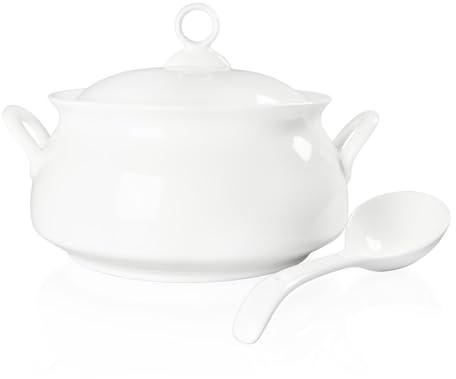 dingdaer Ceramic Serving Soup Tureen Bowls with Lid and soup spoon, 2.4 QT White French Serving Tureen, Lovely Soup Pot for Casserole dish Salad Pasta Noodles Stew, Microwave Dishwasher Safe