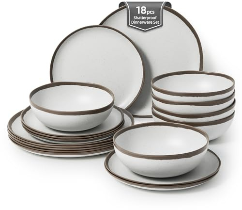 Joviton HOME 18PCS Vintage Brown Rim Melamine Plastic Dinnerware Sets for 6, Plates and Bowls Sets Dish Set for Stylish Dining