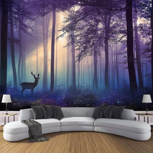 Fototapete Geheimnisvoller Hirsch 200x140cm Seide Foto Tapete Nebelwald XXL Wandtapete für Wohnzimmer Schlafzimmer Esszimmer Wanddekoration, Lila