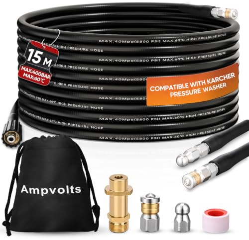 Ampvolts Rohrreinigungsschlauch 15m/30m – 400 bar / 5800 PSI, kompatibel mit Karcher K2–K7 Hochdruckreiniger, mit Adapter & 2 Düsen, Rohr- & Abflussreinigung