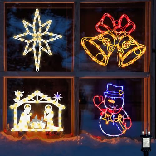 Pytopkto Christmas Window Silhouettes Lights - 16 LED Coloured Window Decorations Set of 4 (Snowman & Bell & Nativity & Bethlehem Star) - Indoor and Outdoor Decor for Walls,Doors & Windows Decorate