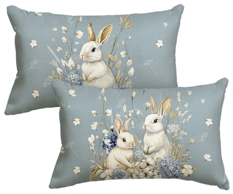 Artoid Mode Kapok Hortensien Kaninchen Hasen Ostern Kissenbezüge 2er Set, 30x50 cm Saisonnal Frühling Zierkissenbezug Couch Wohnzimmer Deko