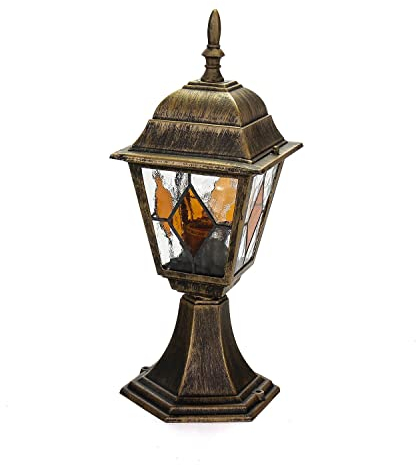 Licht-Erlebnisse Sockelleuchte Glas Aluminium in Gold Antik IP44 Garten Weg H:42 cm E27 Tiffany Laterne Rustikale Wegeleuchte Outdoor SALZBURG