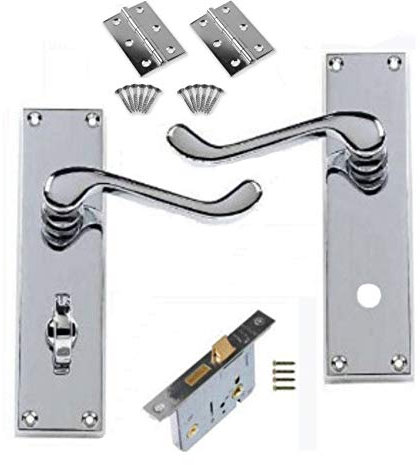 Victorian Scroll Polished Chrome Bathroom Door Handle Lock Pack with 64mm Bathroom Lock + 3 Hinges
