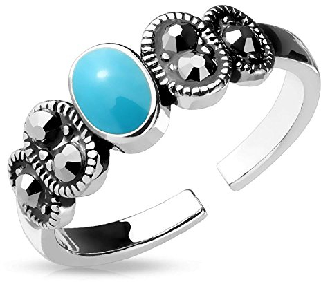 Bungsa Türkisstein Zehenring Zirkonia Brass Damen (Zehring Fussschmuck Fussring Toe-Ring Nail Ring Nagelring biegbar verstellbar)