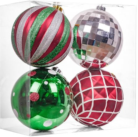 Valery Madelyn Weihnachtsbaumschmuck-Set, 4 Stück, rot, grün, weiß, bruchsicher, Weihnachtskugel, Ornamente, Großpackung, 15 cm, Vintage-Stil, große hängende Ornamente für Weihnachtsbäume, Weihnachten