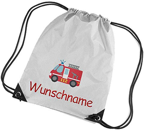 Feenstickerei Turnbeutel Feuerwehr bestickt mit Namen personalisiert silber Sportbeutel Schuhbeutel Schwimmbeutel Wäschebeutel 45x33 cm