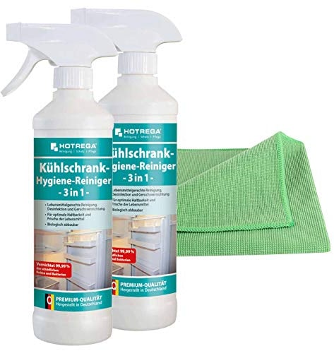 HOTREGA Kühlschrank Hygiene Reiniger 3in1 2x 500ml inkl. Microfasertuch Micro Top - Haushaltsgerätereiniger, Küchenreiniger