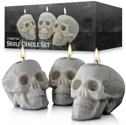 MikaMax Skull Candle Set – 3x Totenkopf-Kerzenset, Aus reinem Bienenwachs, Figurenkerzen für Halloween, Rituale und Dekoration – Gothic Design – Tropfkerzen in Weiß