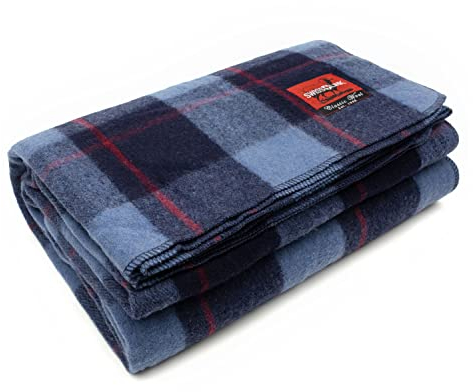 Swiss Link Military Surplus 228 x 157 cm isolierende Decke für drinnen und draußen, Flecken-, flamm- und wasserabweisend, klassisches Wollkaro, waschbar, Himmelblau