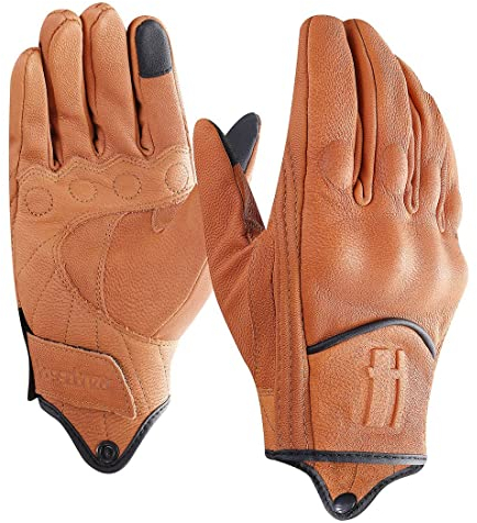 Harssidanzar Herren Vollfinger Ziegenleder Leder Touchscreen Motorradhandschuhe GM028E, Bräunen(Upgrade), Größe XS