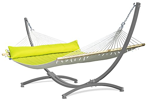 Potenza Outdoor Hängematte mit Verzinkter Gestell für 2 Personen I Panama - Stabhängematte XXL 210x140, 200kg I Hängemattengestell 220kg, wetterfest (Grün, Gestell Grau)