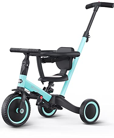 newyoo5 in 1 Laufrad Dreirad,Laufräder Lauffahrrad Kinderdreirad ab 1 Jahr bis 3 Jahr, Kinderdreirad mit schubstange, Kinderfahrrad inkl. Lenkstange Sicherheitsbügel Sicherheitsgurt, TR008, Blau