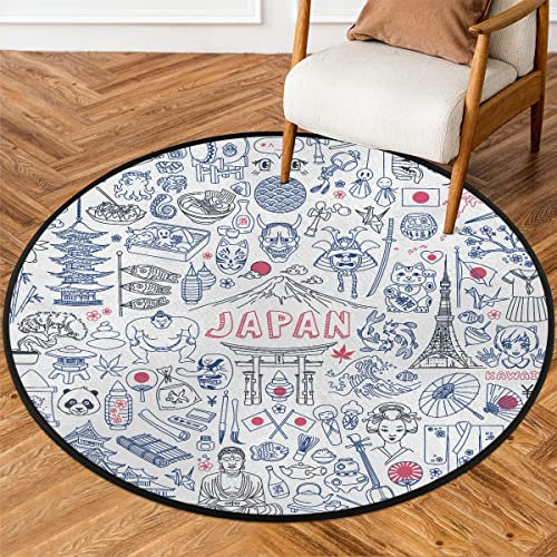 Traditionelle japanische Symbole, 91 cm, runder Teppich, maschinenwaschbar, Tokio-Turm, rutschfest, weiche Bodenmatte für Wohnzimmer, Sofa, Kinderzimmer, Dekoration