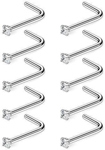 Longbeauty 10 Pcs 20G Edelstahl Nasenpiercing CZ Nase Studs Nasenstecker Nasenring L-Form Zirkonia Spirale Ohrstecker Piercing Schmuck 1.5mm, Silber