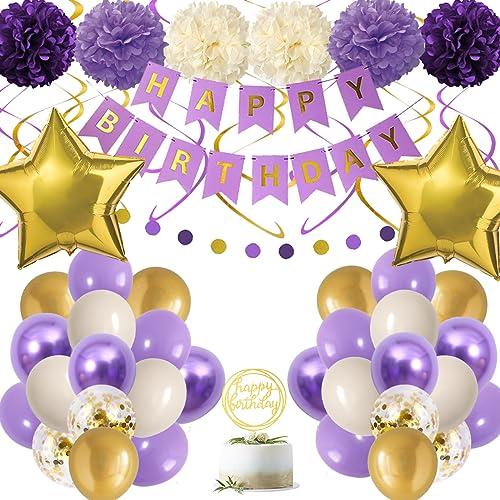 Geburtstagsdeko, Luftballons Geburtstags Set Lila Geburtstagsdeko Mädchen Frauen mit Metallic Lila Luftballons, Papierbommeln, Happy Birthday-Banner, Konfettiballons für Geburtstag Dekoration