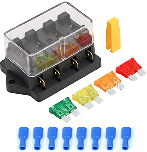 Greluma 1 Stück 12V/24V 4 Wege-Auto-Flachsicherungskasten, Standard-Flachsicherungskasten-Halterblock mit 5A/10A/15A/20A Sicherungen