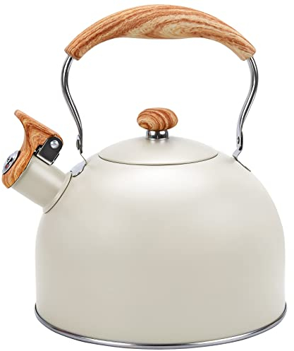 Foedo Tea Kettle Stovetop, 2.6Qt Whistling Tea Pots for Stove Top, Heat-resistant Folding Handle,Cute Teapot(Beige)