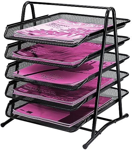 5 Tier Bandeja de Papel Organizador de Escritorio, Bandeja Escritorio Apilable, Estructura de Malla para Documentos Papeles Uso en Casa u Oficina con Deslizantes en 5 Niveles