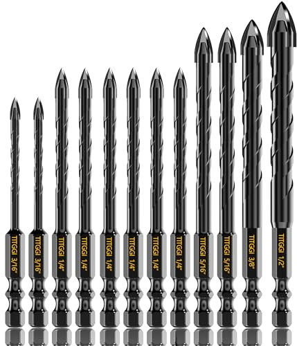TITGGI Masonry Drill Bit Set 12PCS - Cement Drill Bit, Professional Concrete Drill Bit Set for Glass/Brick/Cement/Tile/Etc, Industrial Strength Carbide Cross Drill Bit Tip, 3/16-1/2