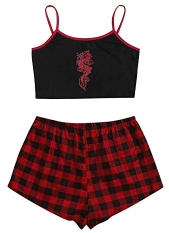 Damen Schlafanzug 2er Set Schlafanzug Plaid Pajamas Set Nachtwäsche Schlafhose Kariert Schlafanzüge Hausanzug